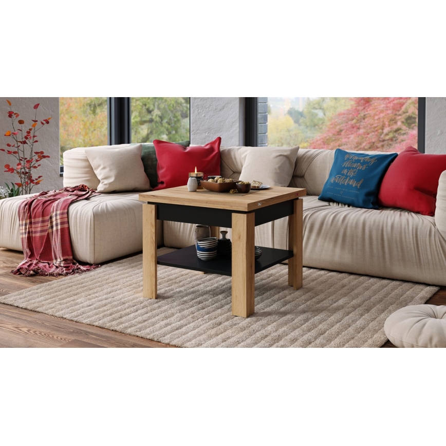 Mesa de centro plegable con estante LIA roble/negro