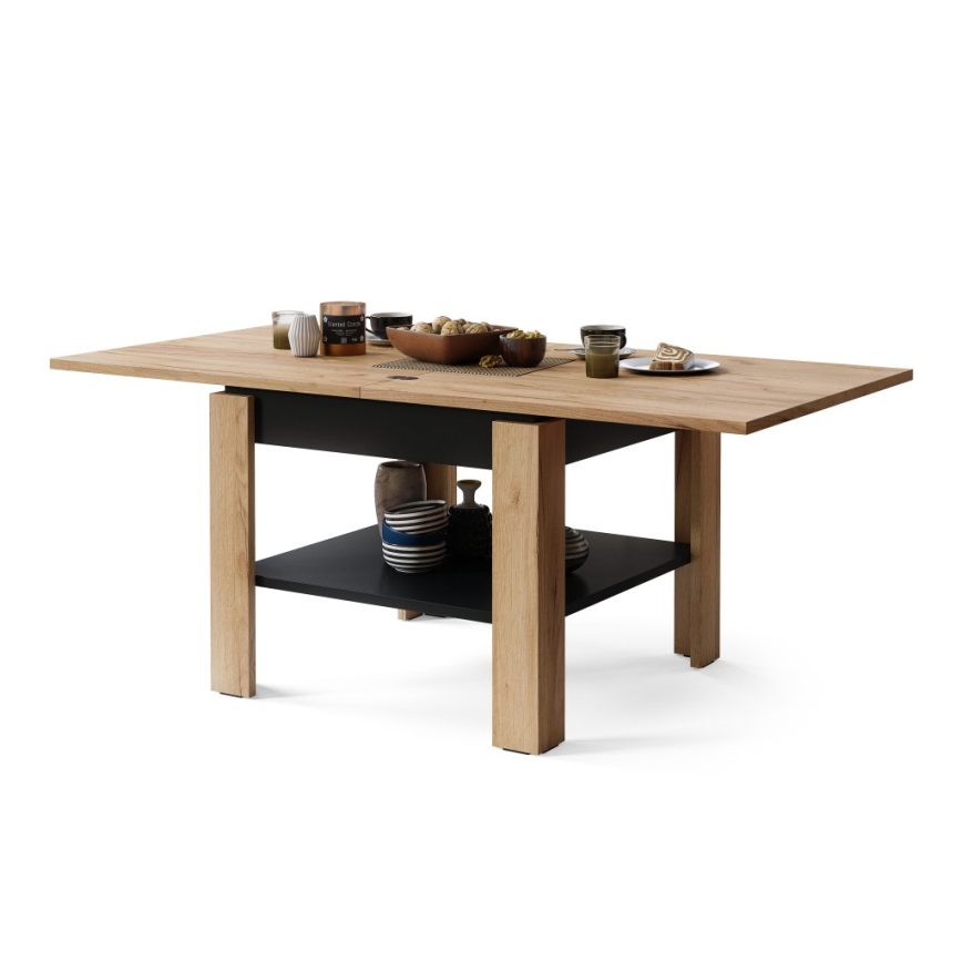 Mesa de centro plegable con estante LIA roble/negro