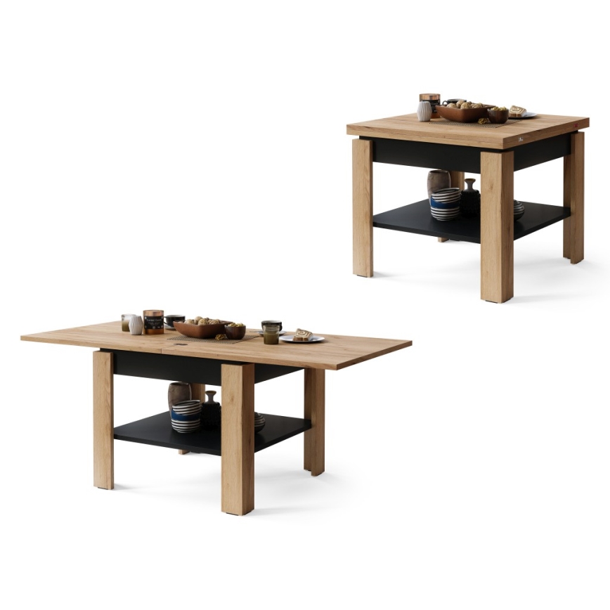 Mesa de centro plegable con estante LIA roble/negro