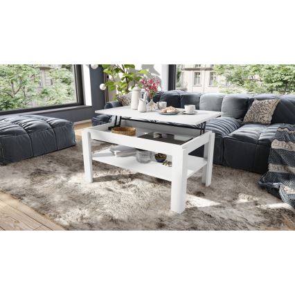 Mesa de centro plegable con tablero elevable con estante ADEN blanco