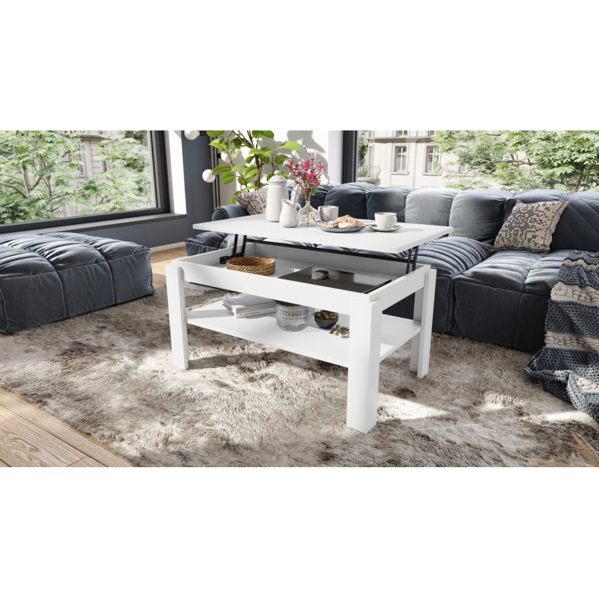 Mesa de centro plegable con tablero elevable con estante ADEN blanco
