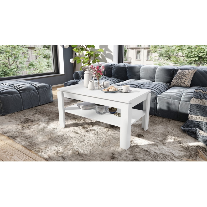 Mesa de centro plegable con tablero elevable con estante ADEN blanco