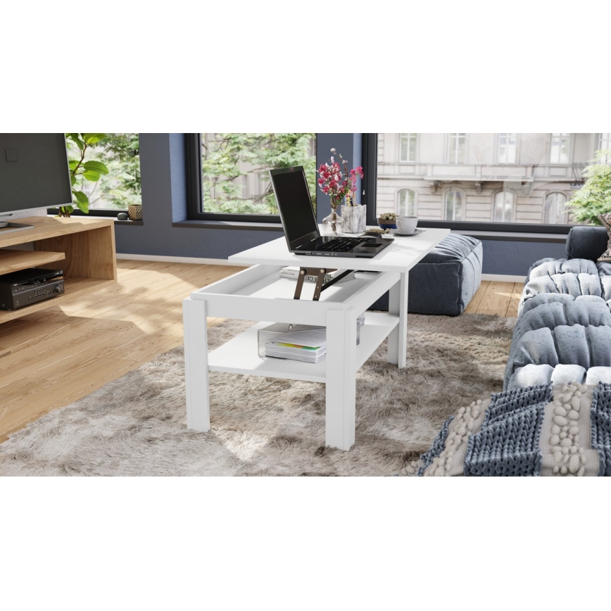 Mesa de centro plegable con tablero elevable con estante ADEN blanco