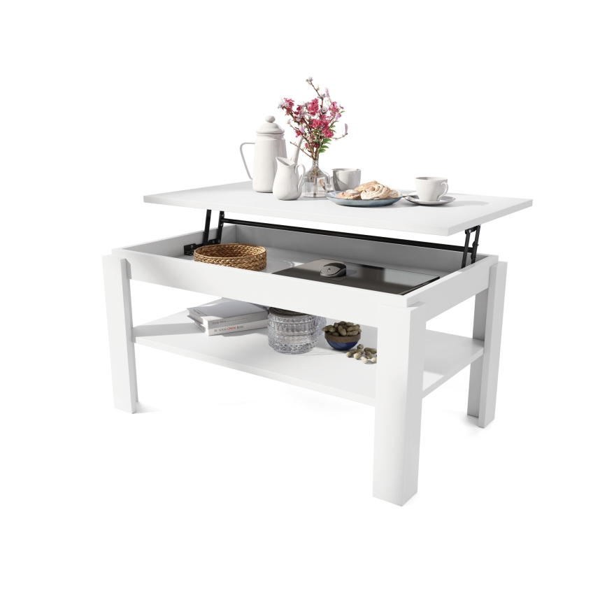 Mesa de centro plegable con tablero elevable con estante ADEN blanco