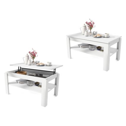 Mesa de centro plegable con tablero elevable con estante ADEN blanco