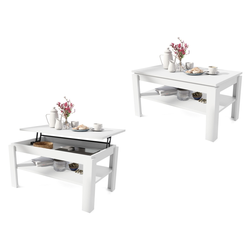 Mesa de centro plegable con tablero elevable con estante ADEN blanco