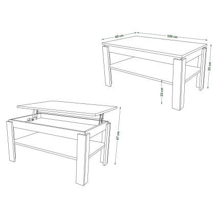 Mesa de centro plegable con tablero elevable con estante ADEN blanco
