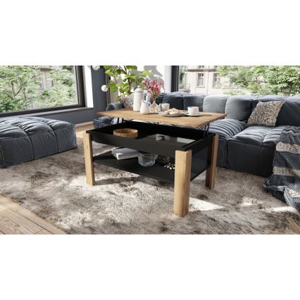 Mesa de centro plegable con tablero elevable con estante ADEN roble/negro