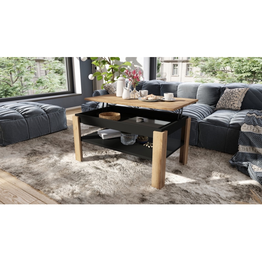 Mesa de centro plegable con tablero elevable con estante ADEN roble/negro
