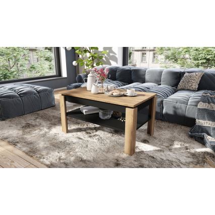 Mesa de centro plegable con tablero elevable con estante ADEN roble/negro