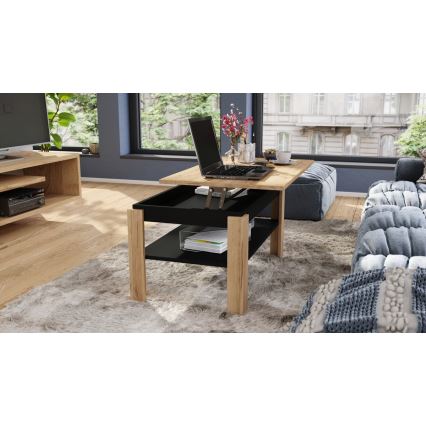 Mesa de centro plegable con tablero elevable con estante ADEN roble/negro