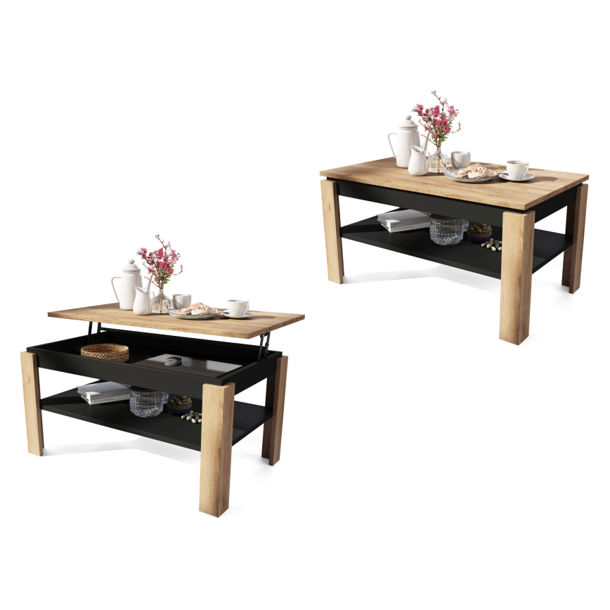 Mesa de centro plegable con tablero elevable con estante ADEN roble/negro