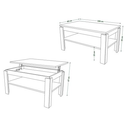 Mesa de centro plegable con tablero elevable con estante ADEN roble/negro