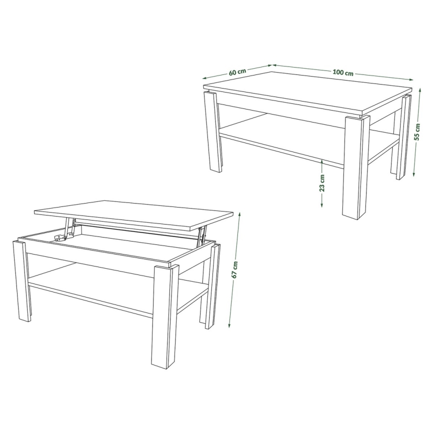 Mesa de centro plegable con tablero elevable con estante ADEN roble/negro