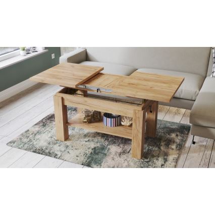 Mesa extensible ADONIS para salón y comedor con estante, acabado roble craft
