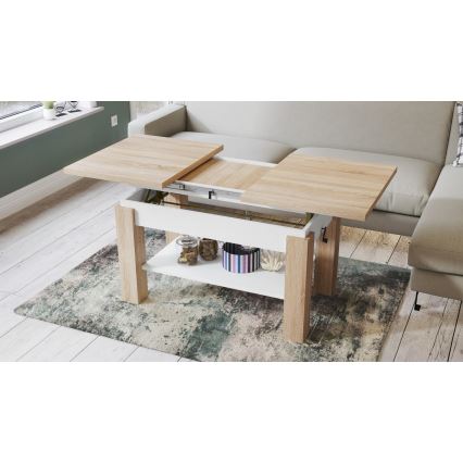 Mesa extensible ADONIS para salón y comedor con estante, roble Sonoma/blanco