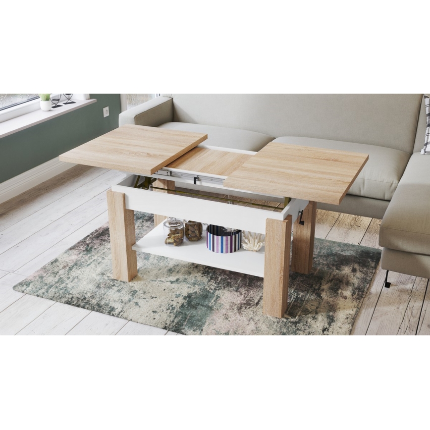Mesa extensible ADONIS para salón y comedor con estante, roble Sonoma/blanco