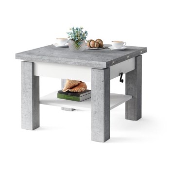 Mesa extensible con tablero elevable CALEB para salón y comedor, gris hormigón/blanco