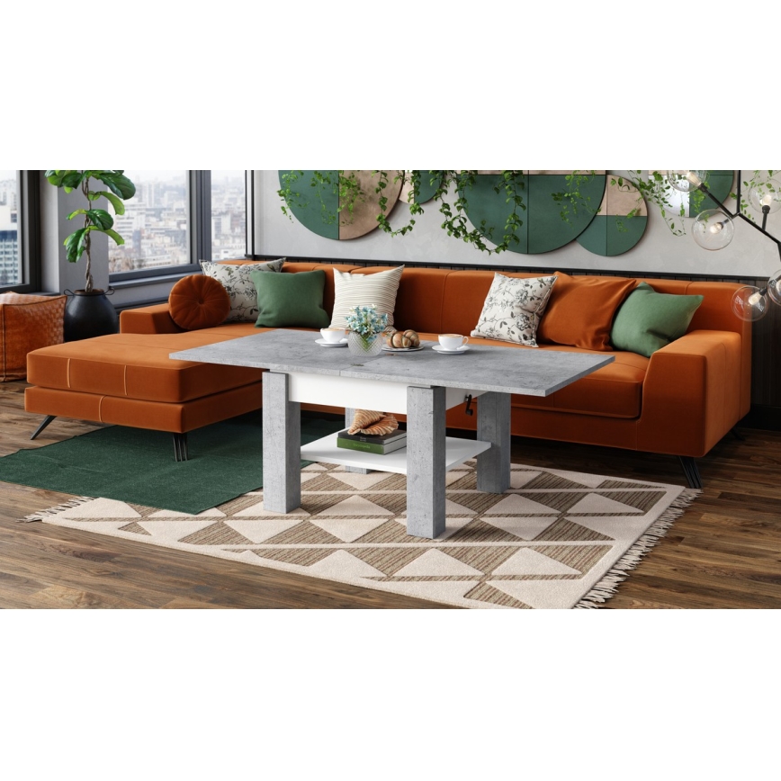 Mesa extensible con tablero elevable CALEB para salón y comedor, gris hormigón/blanco