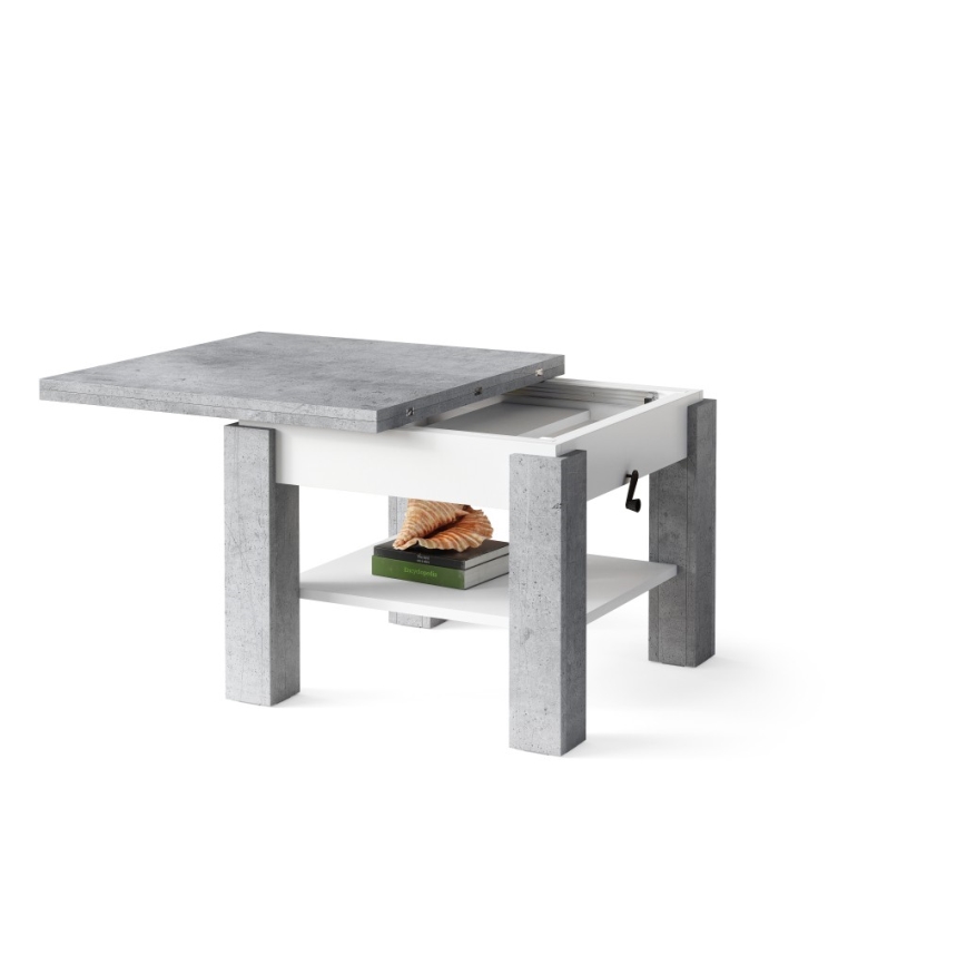 Mesa extensible con tablero elevable CALEB para salón y comedor, gris hormigón/blanco