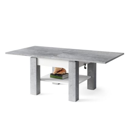 Mesa extensible con tablero elevable CALEB para salón y comedor, gris hormigón/blanco