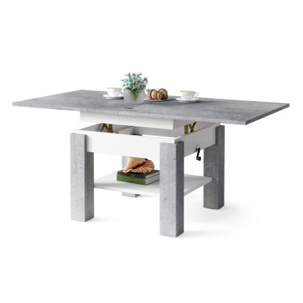 Mesa extensible con tablero elevable CALEB para salón y comedor, gris hormigón/blanco