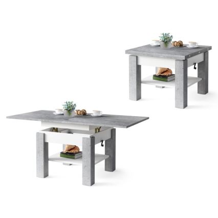 Mesa extensible con tablero elevable CALEB para salón y comedor, gris hormigón/blanco