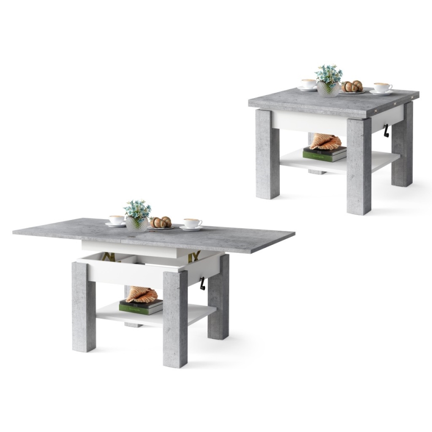 Mesa extensible con tablero elevable CALEB para salón y comedor, gris hormigón/blanco
