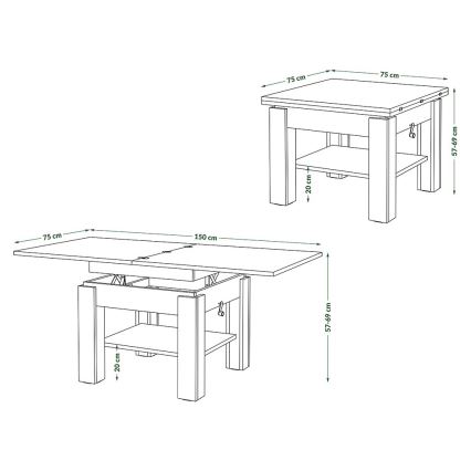 Mesa extensible con tablero elevable CALEB para salón y comedor, gris hormigón/blanco