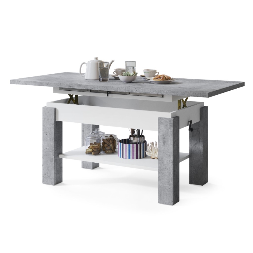 Mesa extensible de centro/comedor con estante ADONIS, gris hormigón/blanco