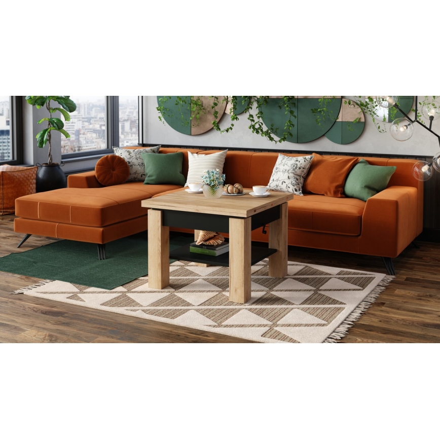 Mesa extensible de centro/comedor con tablero elevable CALEB roble craft/negro