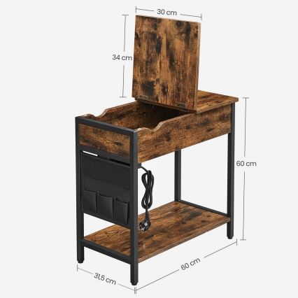 Mesita auxiliar con enchufes integrados y puertos USB ELDUR marrón/negro