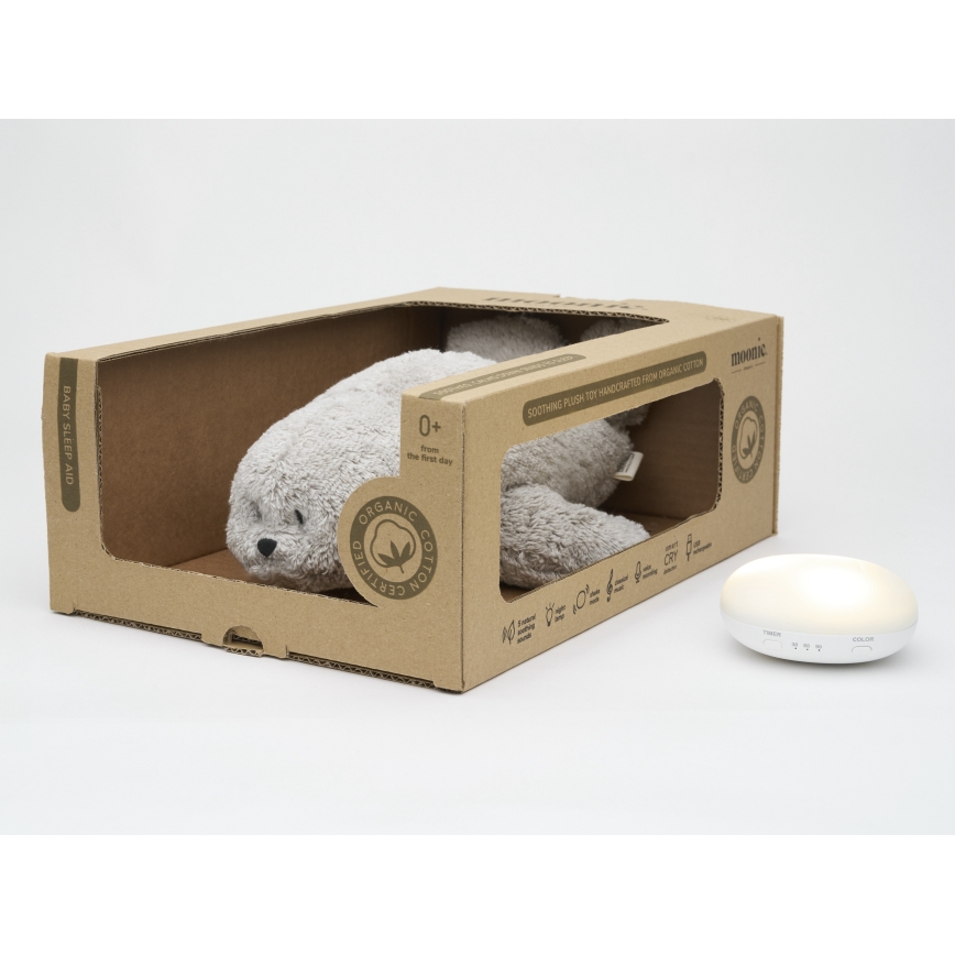 Moonie - peluche para dormir con melodía y luz, foca gris orgánica