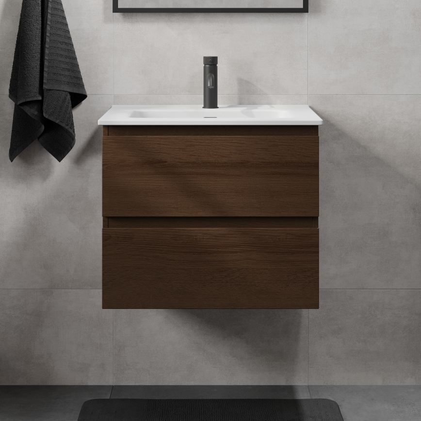 Mueble de baño con lavabo CONOR de 61 cm, nogal/blanco