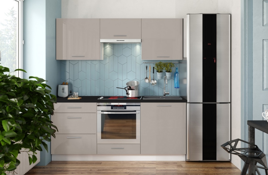 Mueble de cocina CELESTE 180 cm, lacado brillante en taupe
