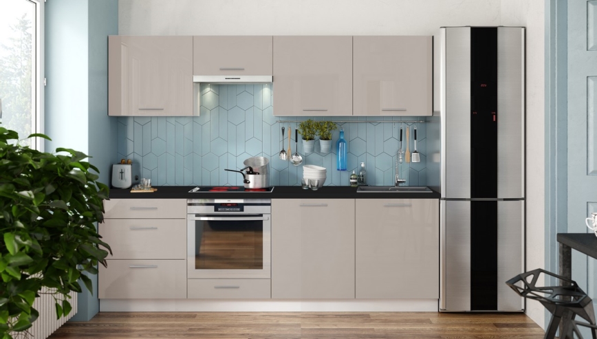 Mueble de cocina CELESTE 240 cm en acabado lacado brillante taupe
