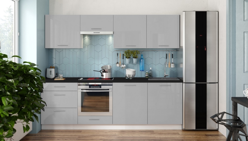 Mueble de cocina CELESTE 240 cm gris lacado brillante