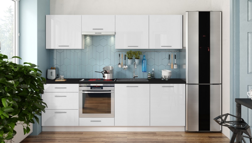 Mueble de cocina CELESTE de 240 cm, blanco lacado brillante