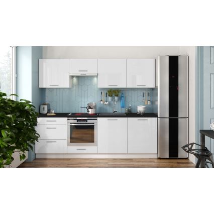 Mueble de cocina CELESTE de 240 cm, blanco lacado brillante