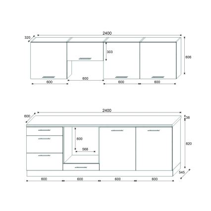 Mueble de cocina CELESTE de 240 cm, blanco lacado brillante