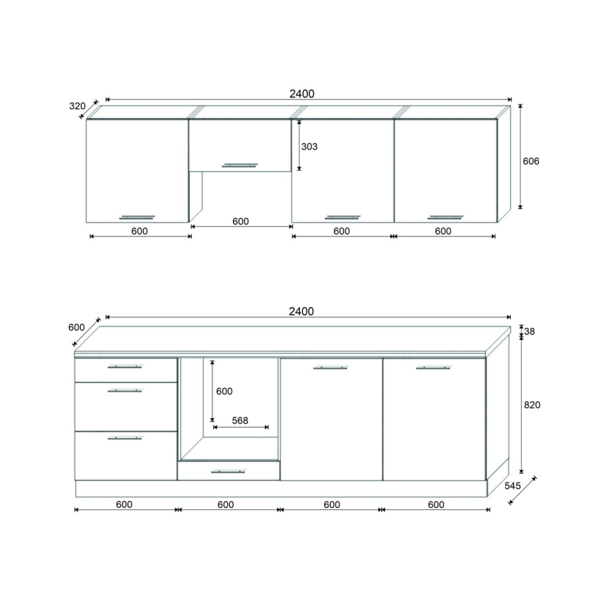 Mueble de cocina CELESTE de 240 cm, blanco lacado brillante
