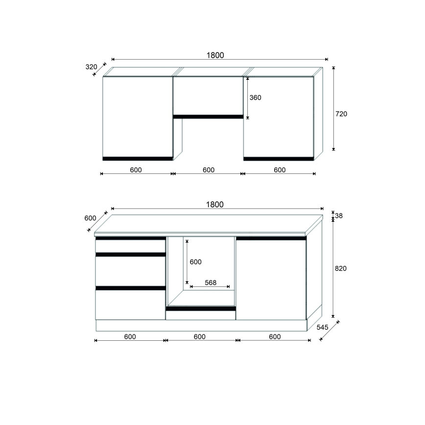 Mueble de cocina MARINA 180 cm roble craft/negro brillante