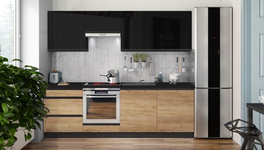 Mueble de cocina MARINA 240 cm roble craft/negro brillante