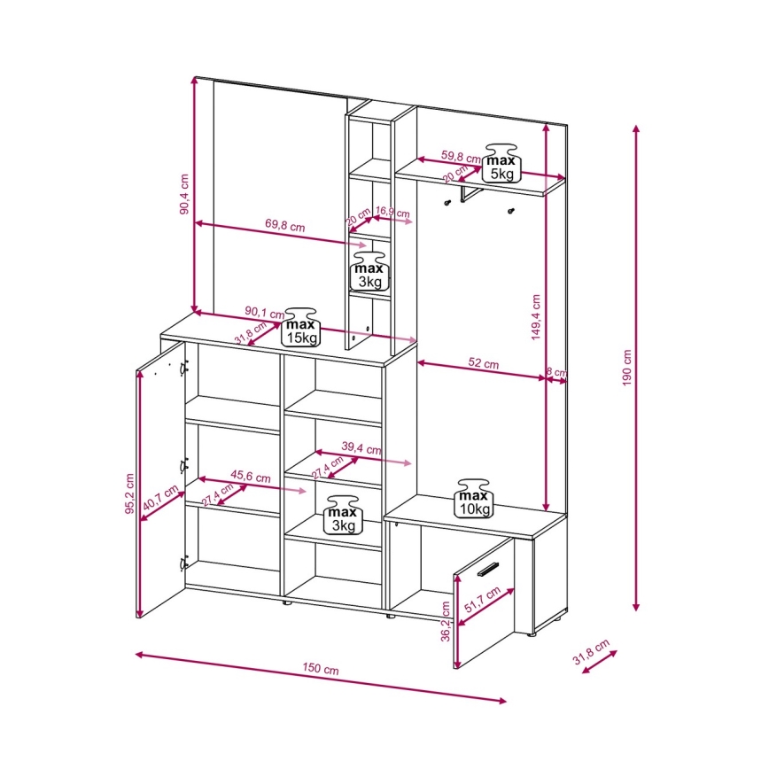 Mueble de entrada con espejo KEVIN marrón/blanco
