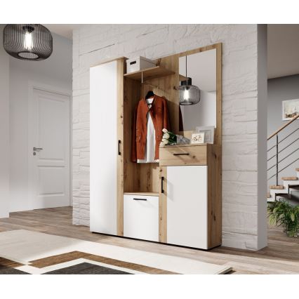 Mueble de entrada con espejo NOLAN roble artisan/blanco
