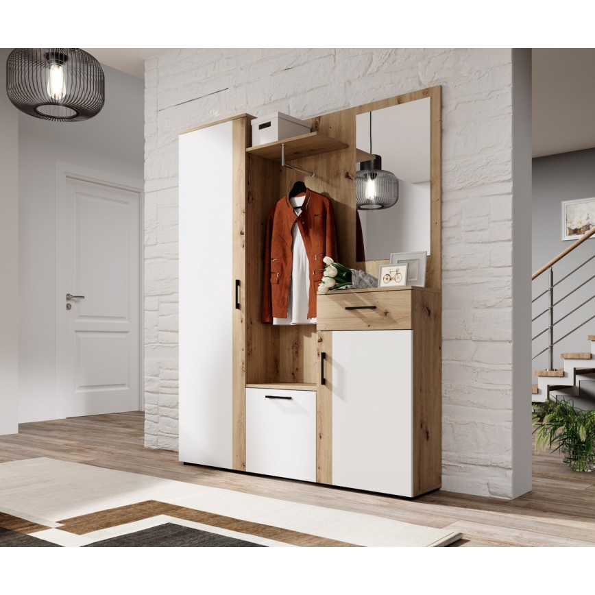 Mueble de entrada con espejo NOLAN roble artisan/blanco