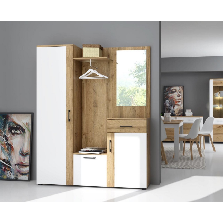 Mueble de entrada con espejo NOLAN roble artisan/blanco