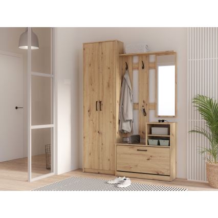 Mueble de recibidor con espejo KAVI en roble Artisan