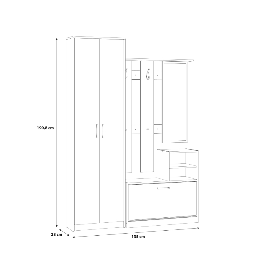 Mueble de recibidor con espejo KAVI en roble Artisan