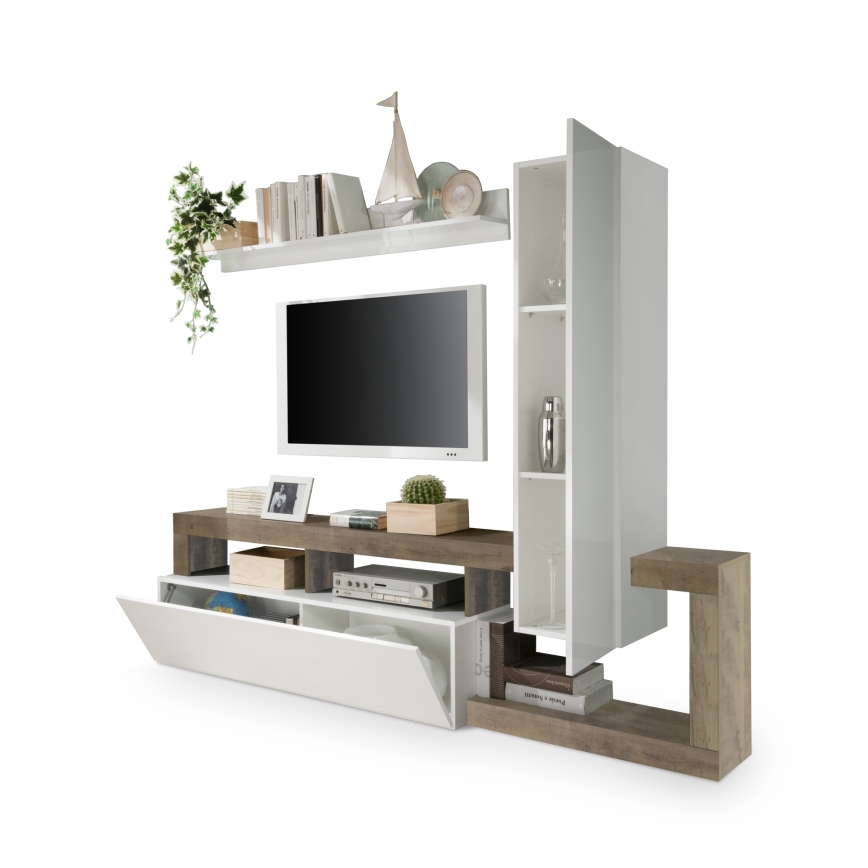 Mueble de salón LENOR blanco/marrón